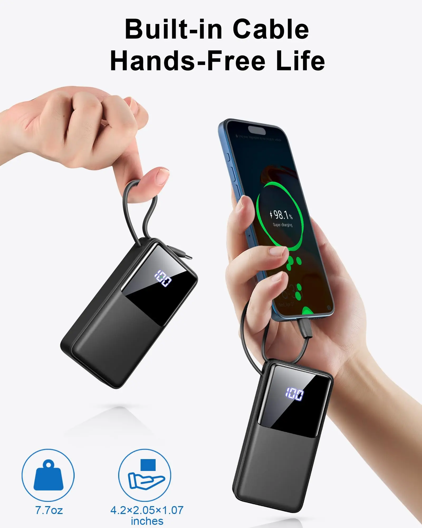 10000 mAh tragbare Ladegerät-Powerbank mit 15 W Schnellladung, USB-C-Eingang und Ausgang, integriertem Kabel, Reiseutensilien für iPhone, Android