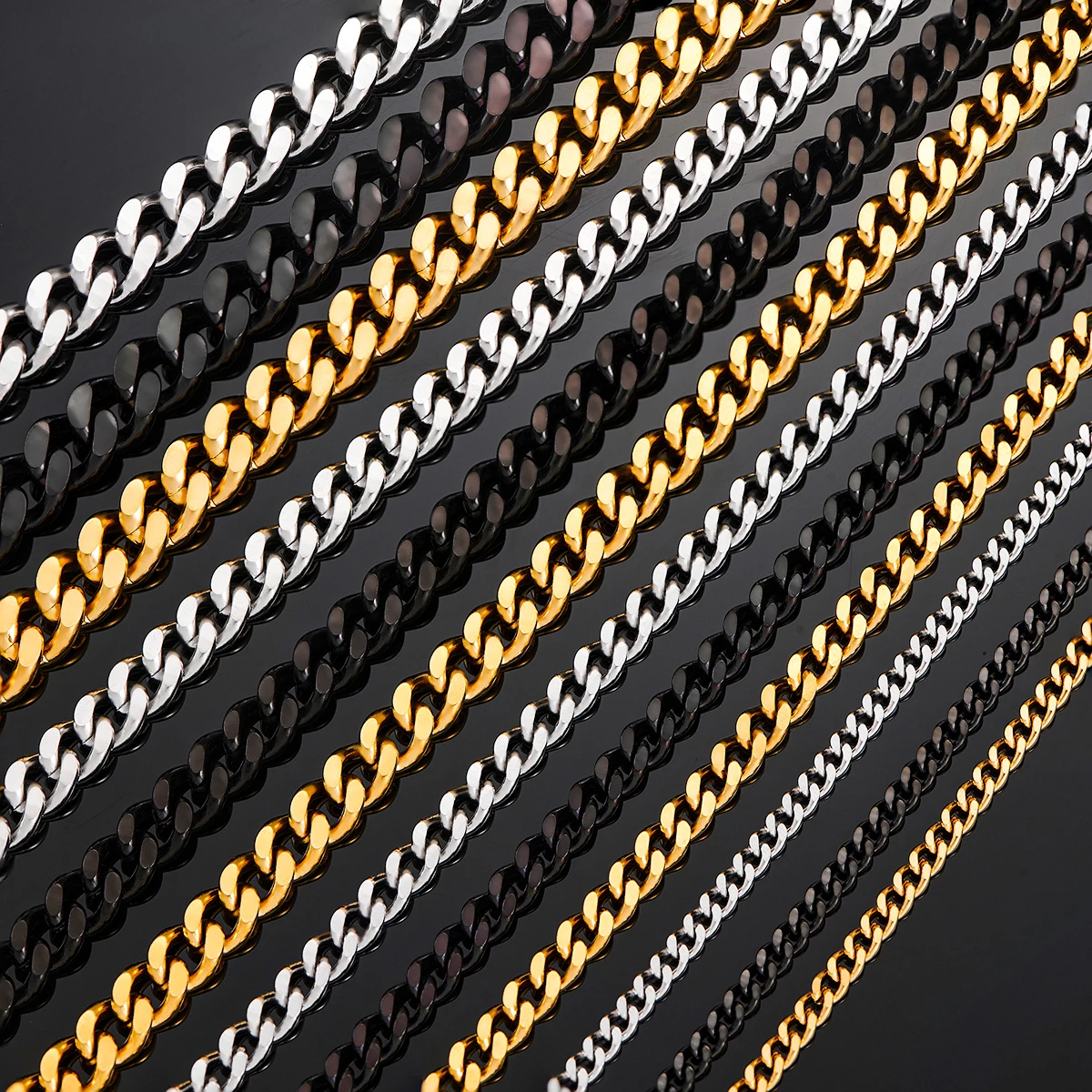 3.5mm/5mm/7mm/9mm Thickness Stainless Steel Cuban Curb Link Chain Necklace for Men Boys Silver Gold Black Color 14 to 30 Inches