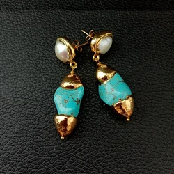Y·YING Cultured White Pearl Blue Turquoise 24 K Gold Plated Stud Earrings