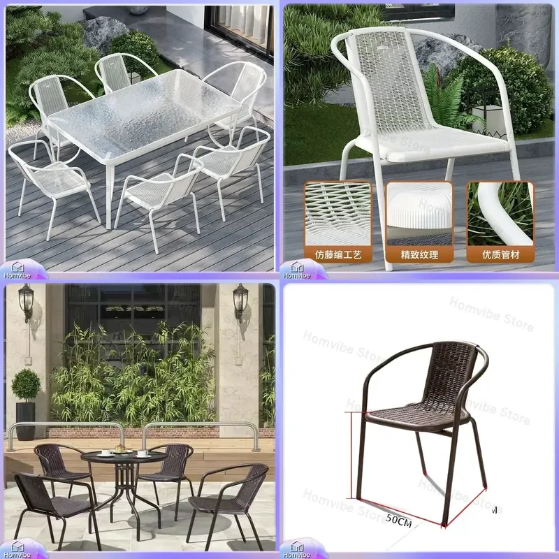 Outdoor Rattan Furniture Set Wrought Iron Garden Table and Chairs Waterproof Patio Balcony Leisure Dining Combo Backrest
