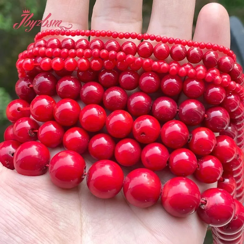 Free Shipping Natural Red Coral Smooth Round Stone Beads Loose For DIY Necklace Bracelets Jewelry Making Strand 35CM 2/3/4/6/8MM