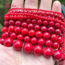 Free Shipping Natural Red Coral Smooth Round Stone Beads Loose For DIY Necklace Bracelets Jewelry Making Strand 35CM 2/3/4/6/8MM