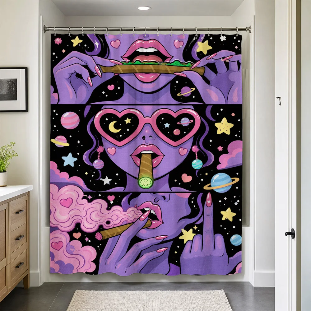 Cortina de Ducha Vibrante con Diseño de Galaxia en Estilo Pop Art, Decoración de Baño, Estilo Cómico Divertido, Retro, con Estampado de Planetas Espaciales y Corazones