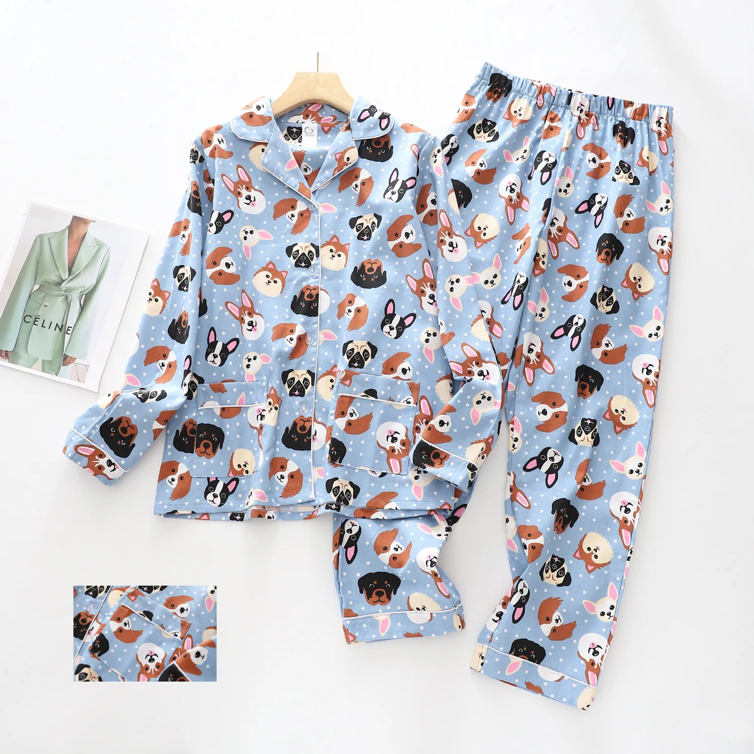 

Autumn Winter Women's Pajama Set Dogs Dinosaurs Print Two Pieces Brushed Cotton Long Sleeve Tops Full Length Pants Elastic Waist