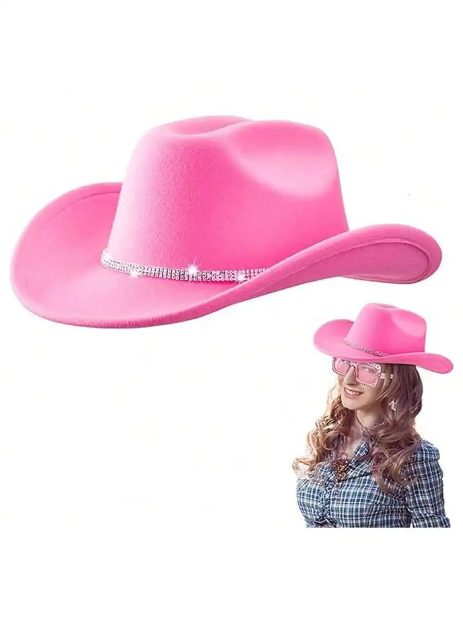 

Pink Rhinestone Western Cowgirl Hat Wide Brim Fedora For Adults