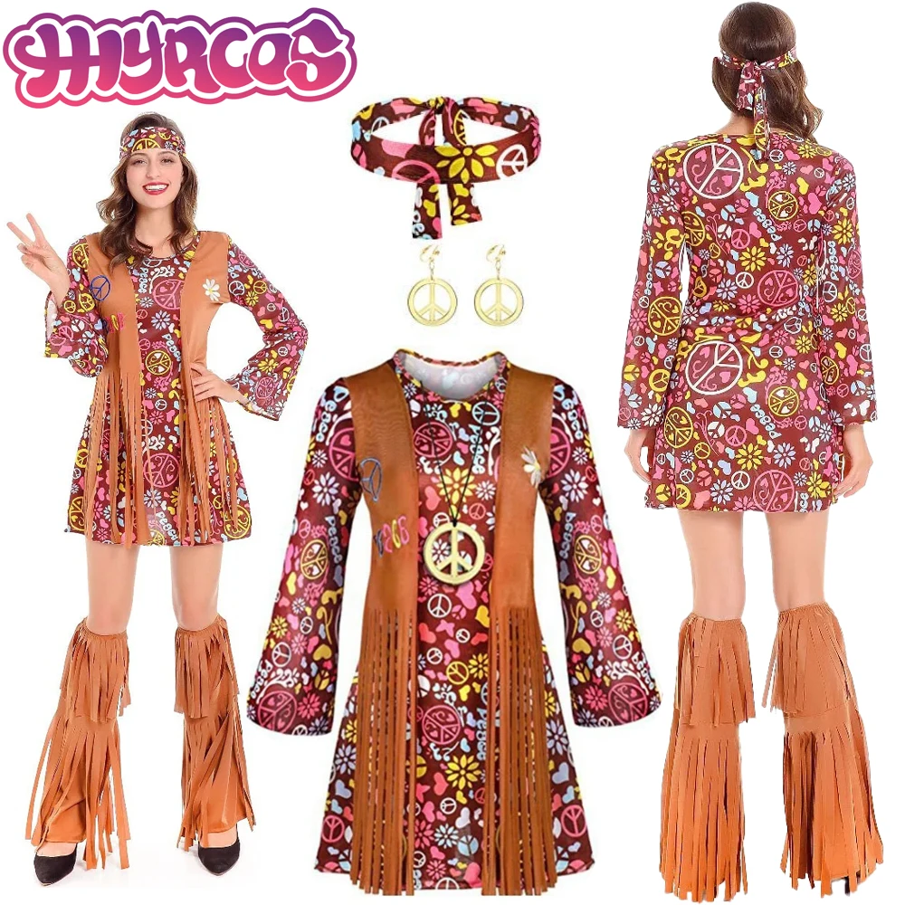 Retro 70s 60s Hippie Costume Vintage 1970s Princess Outfits Party Costume Hippie Women's Halloween Tassel Shoes Cosplay Costume