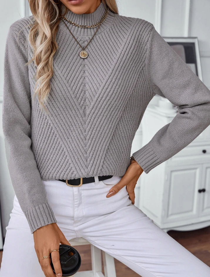 

Women's Street Trendy Knitted Sweater 2024 Autumn Winter Latest Solid Half High Collar Hooded Sweater Long Sleeve Loose Fit Top