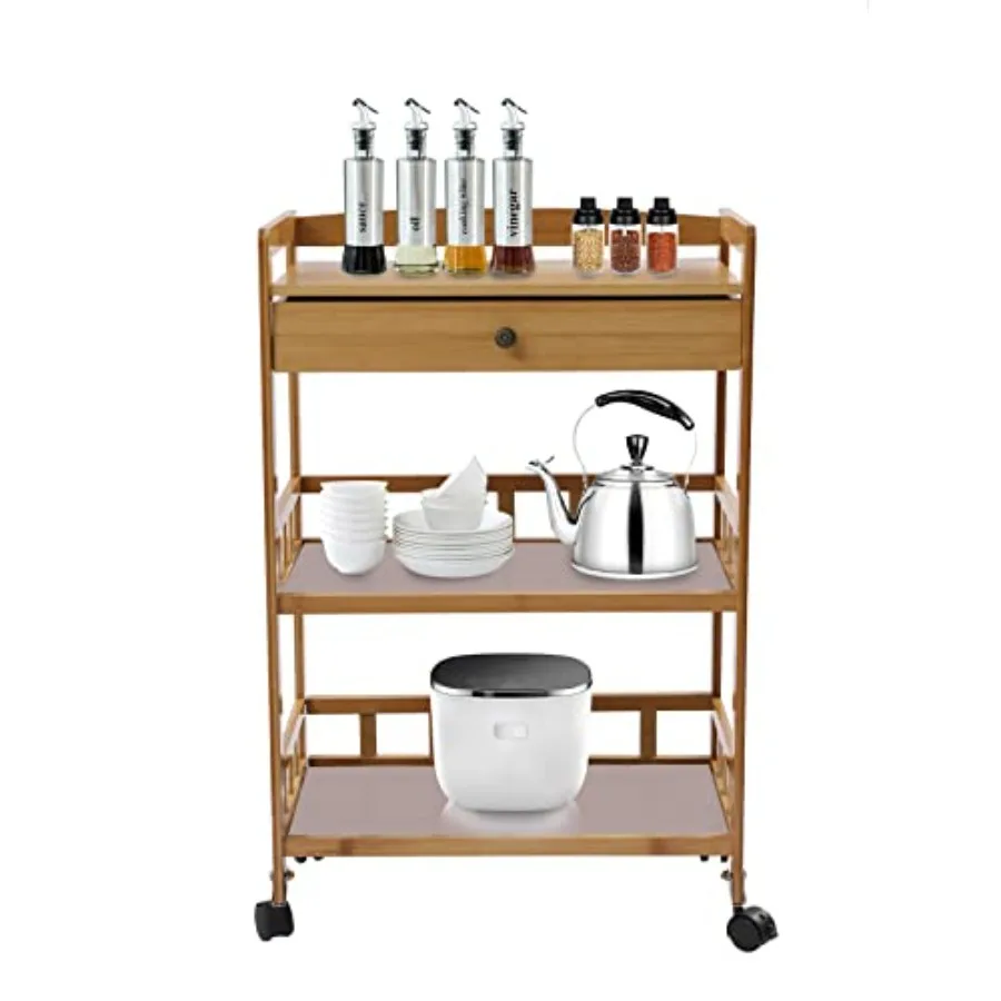 Rolling Kitchen Island Cart on Wheels with Storage Shelves and Drawer Bamboo Wood Kitchen Trolley Serving Cart Rolling Island C