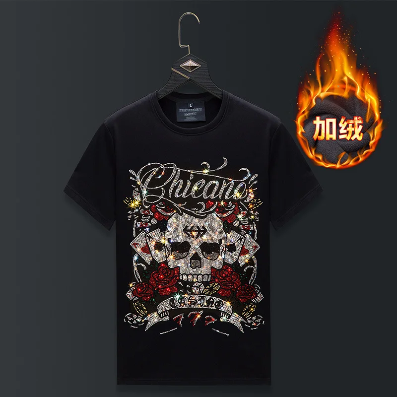 Plus Size Skulls Short Sleeve T Shirts Men Winter Clothes Rhinestones Streetwear O Neck Thick Velvet Heat Tshirt Camiseta Hombre