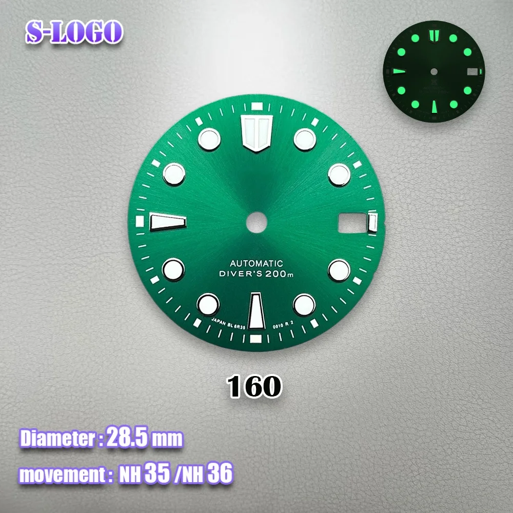 28.5mm S Logo NH35 Diver's Automatic SUB Sunray Dial Fit NH35/NH36/4R/7S Movement Green Luminous 3/3.8 O'clock Watch Accessories