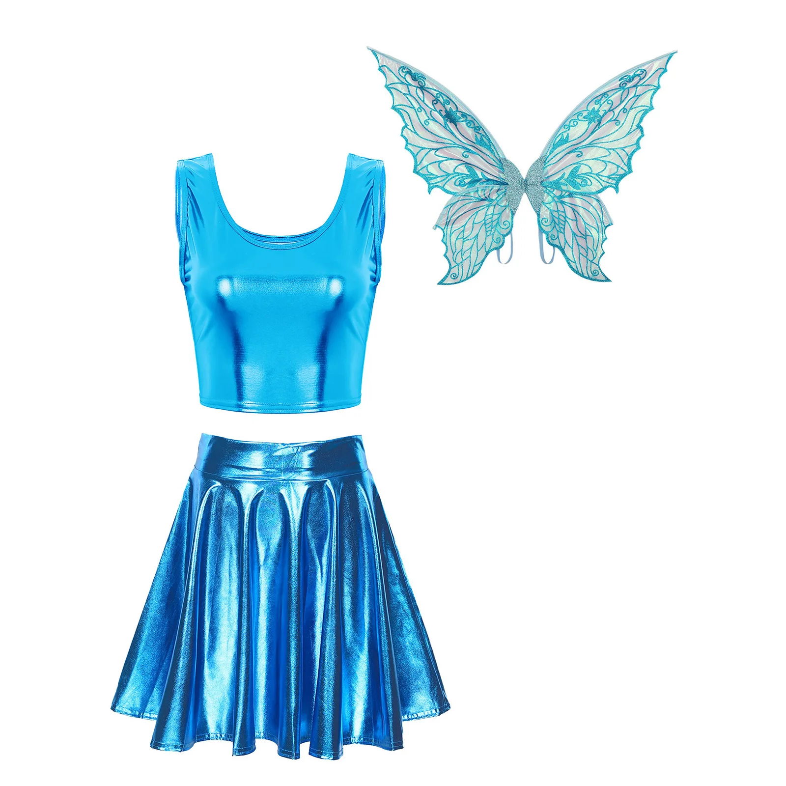 Fairy Elf Wings Party Carnival Cosplay Outfit Womens Metallic Sleeveless Crop Top with High Waist Skirt And Butterfly Wings Set