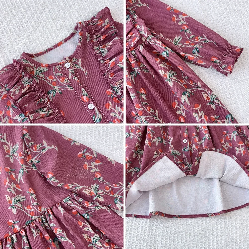 Bear Leader 3-7 Jahre Herbst Neue Lila Blumendruck Mädchen Freizeitkleider Modische Einreiher Langarm Kinderkleid – Detail 6
