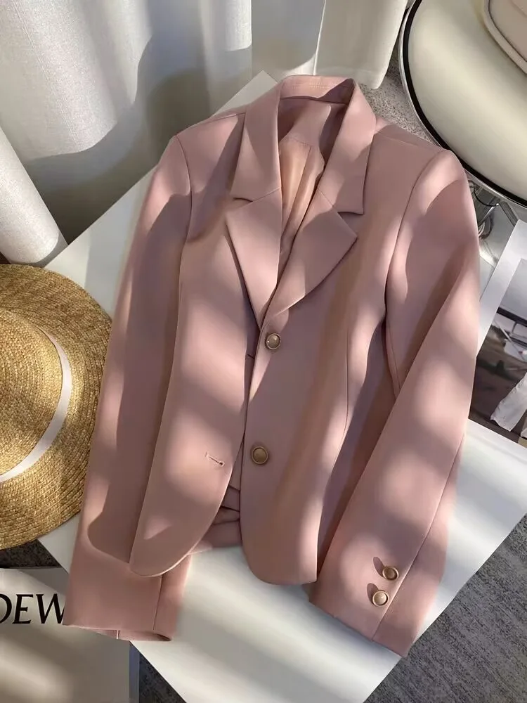 Y2K New Arrival Ladies Short Blazer Women Slim Casual Jacket Long Sleeve Single Button Blue Pink Beige Female Autumn Winter Coat