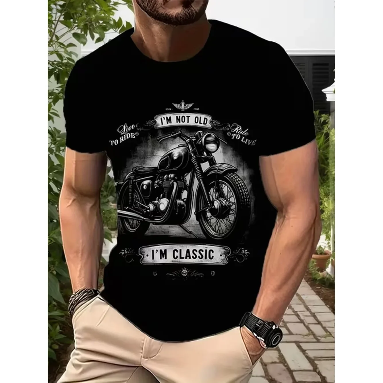 Print Design Not Texture Mens Retro Style Motorcycle Pattern Print Short Sleeve Round Neck T Shirt Fashionable Summer Top For Outdoor Activities