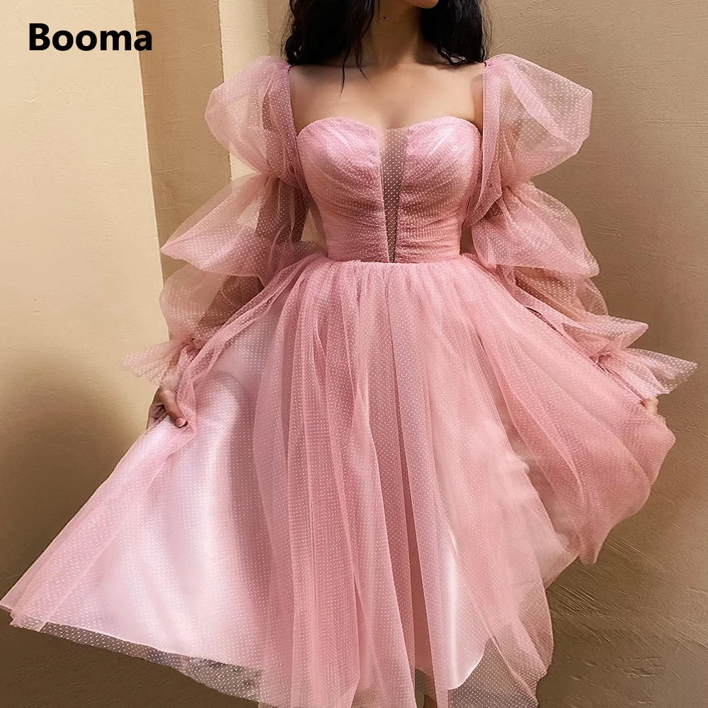 

Booma Pink Dotted Tulle Midi Prom Dresses Sweetheart Marie Sleeves Tea-Length A-Line Wedding Party Dresses Formal Prom Gowns