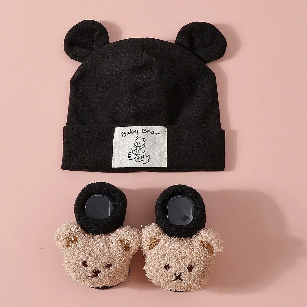 2Pcs/Set Cute Cotton Baby Hat Socks Set Soft Breathable Bear Ear Beanie Warm Cartoon Prewalker Socks for Newborn - view 3