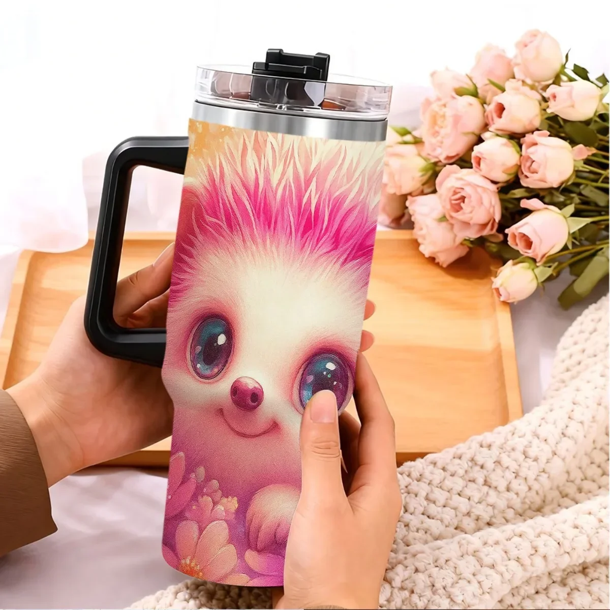 1pc 40Oz Adorable Hedgehog Floral Vacuum Cup Mug - Vacuum-Sealed Stainless Steel Water Bottle Featuring Straw & Handle, Leakproof Flip Top - Maintains Beverage Temperature for Hours in Pastel Pink, Blue, Purple, Yellow, And Orange view 5