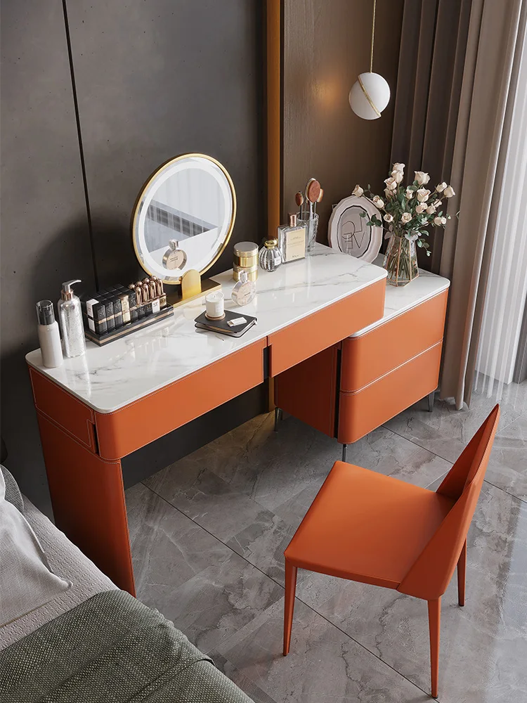 Italian minimalist dressing table, slate horse slab leather bedroom with bedside table, storage integrated retractable dressing