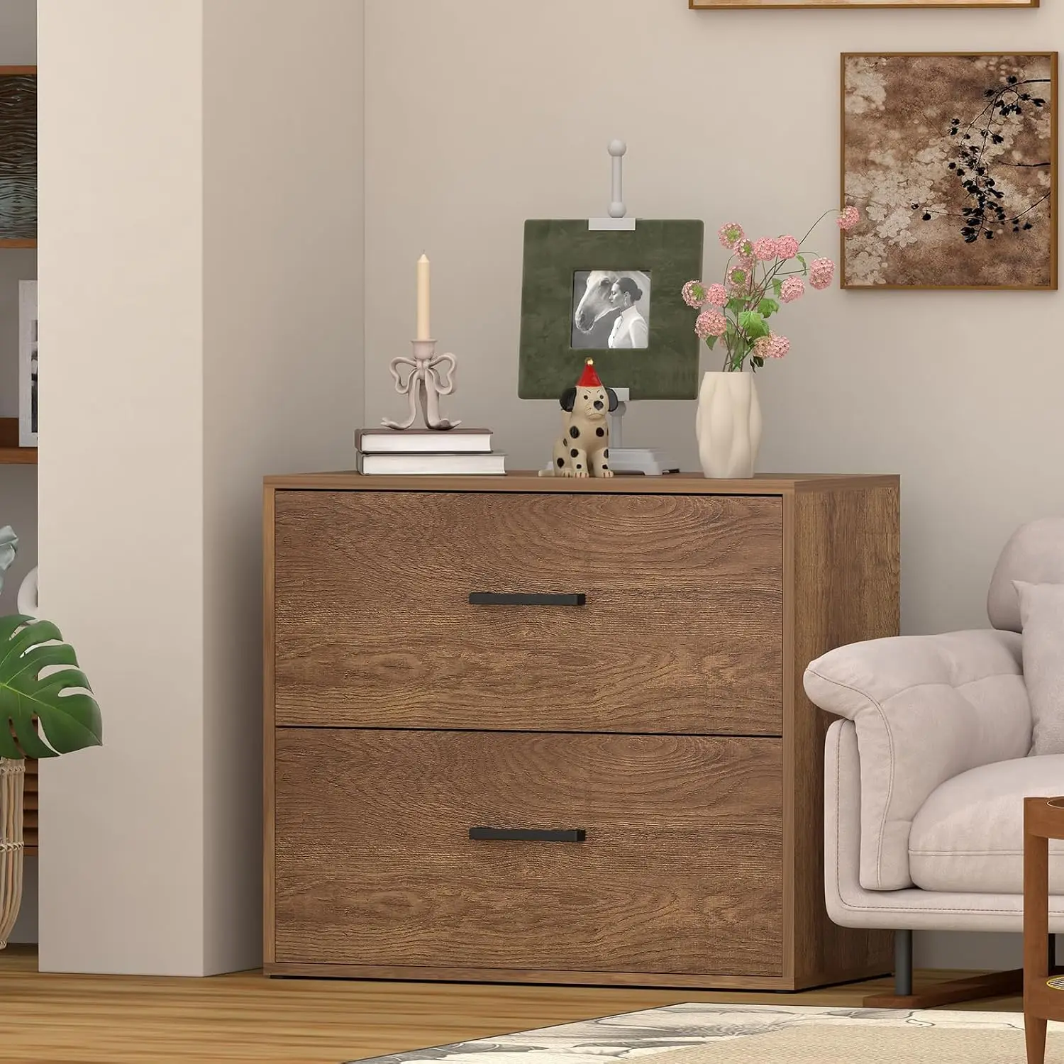 2 Drawer Wood File Cabinet for Letter Size Hanging Files Storage Printer Stand Home Office Brown, Customized