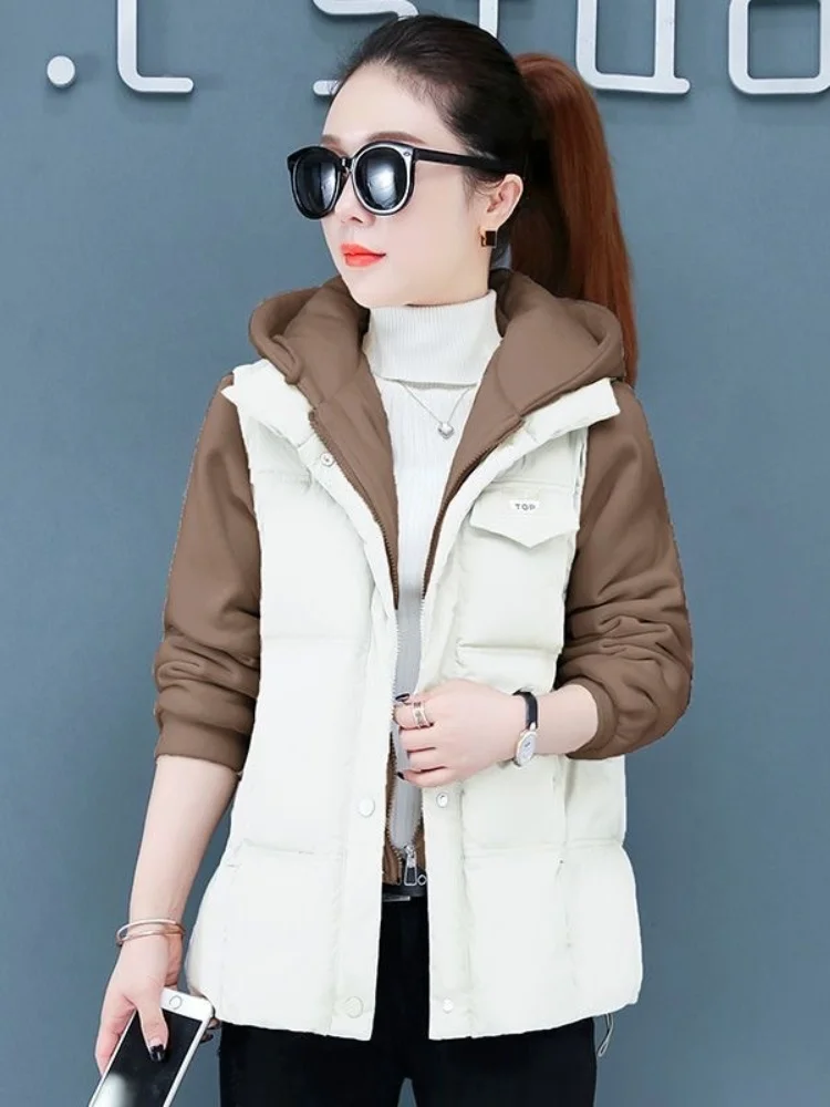 

Faionable Fake Two-Piece down Jaet Women's Loose Warmth Outerwear Hooded Sli Anti-Aging Autumn Winter New Korean Version