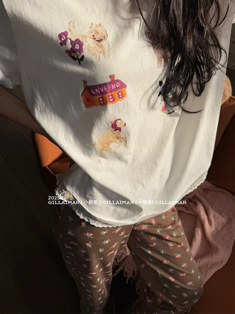 2025 summer new Japanese original cartoon cat short-sleeved suit round neck sweet girl floral casual loose loungewear