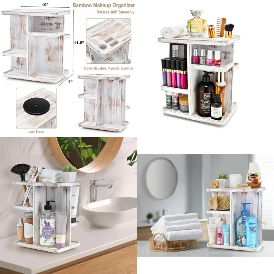 

360° Makeup Organizer - Grey Rustic Wood Storage Carousel for Cosmetics, Make Up, Skin Care Organizer - Rotating Makeup Organiz