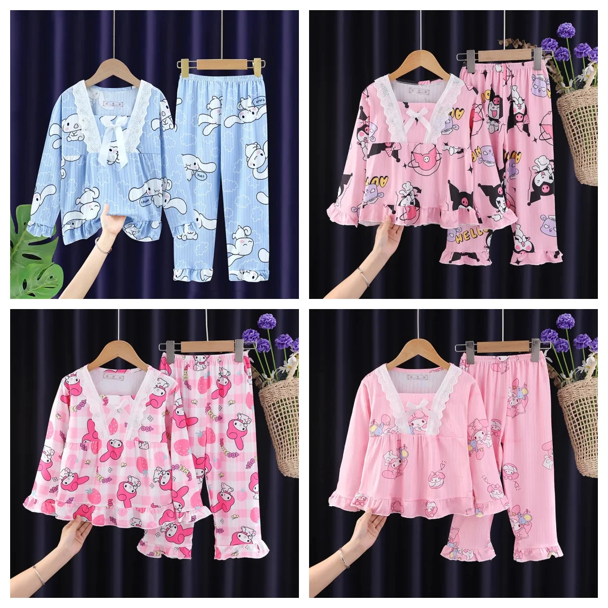 Anime Sanrio Hello Kitty Pajamas Child Girls Kuromi My Melody Cinnamoroll Cartoon Sleepwear Long Sleeved Thin Princess Home Wear