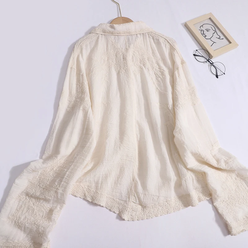 Women's Shirt Elegant Shirt with Embroidery Hooks Loose-fitting Vintage Long-sleeved Shirts