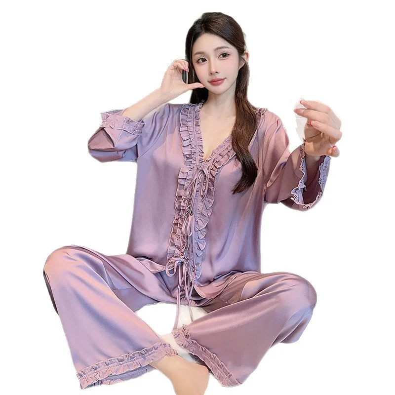 

Новый женский комплект пижамы из ледяного шелка с длинными рукавами, тонкий, элитный, во французском стиле, для весны и осени, комфортный и нежный, для дома и отдыха.