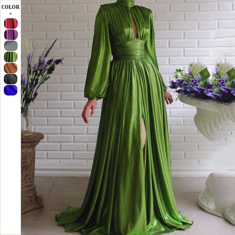 レディースイブニングパーティーナイトプロムドレス シャイニーカラー スタンドネック ホローアウト ロングランタンスリーブ プリーツ Aライン マキシドレス 女性用