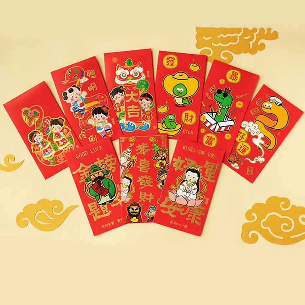 Cartoon 2025 Bronzing Red Envelope New Year's Blessing Bag Zodiac Snake New Year Money Bag HongBao Lion Dance Style Money Pocket