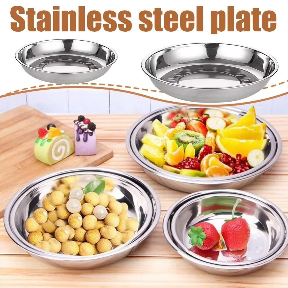Non-Magnetic Stainless Steel Plates Reusable Round Shape Deep Dinner Plates 14-28cm Multi-Size Deep Design Flat Dinnerware