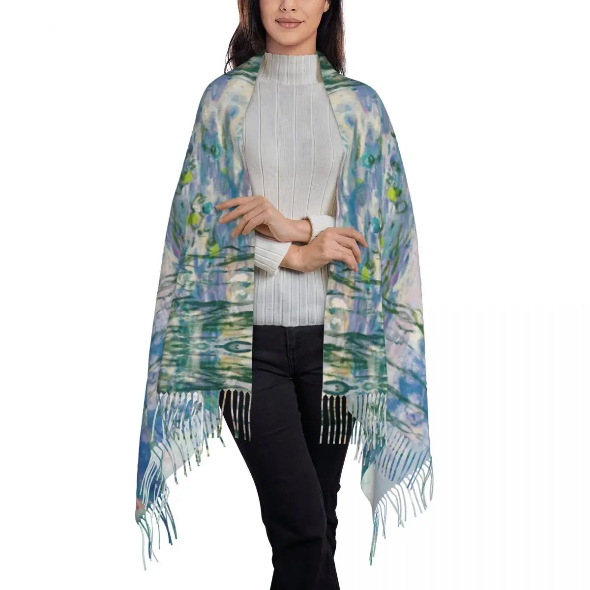 Female Long Water Lilies Claude Monet Fine Art Scarves Women Winter Fall Thick Warm Tassel Shawl Wraps French Painter Art Scarf