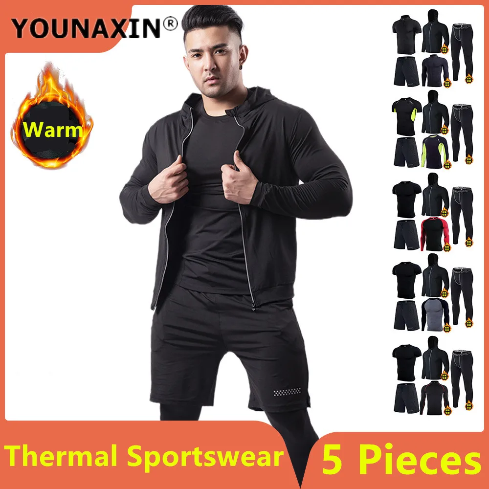 

5-piece Men's Fitness Clothing Set Winter Thermal Warm Elastic Quick-drying Tights Basketball Running Women Yoga Sportswear