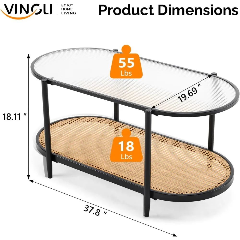 38" Oval Coffee Table with Rattan Shelf, Glass Metal Coffe Table, Skinny Coffee Tables with 2-Tier Storage, Modern Center Table