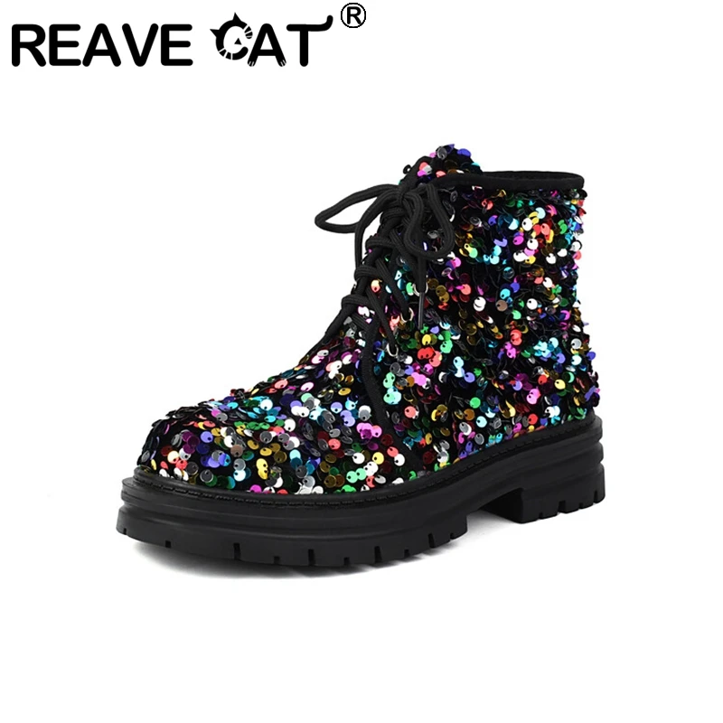 

REAVE CAT Cool Designer Ankle Boots 3cm Chunky Heels 1cm Platform Strap Up Sequins Round Toe Big Size 43 US11 Party Women Bota