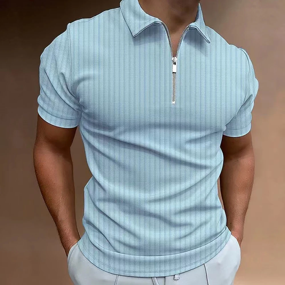 Men Striped Golf Shirt with Quarter Zipper Lapel Casual Holiday Short Sleeved T-shirt Fashionable Basic Style Regular Fit Shirt