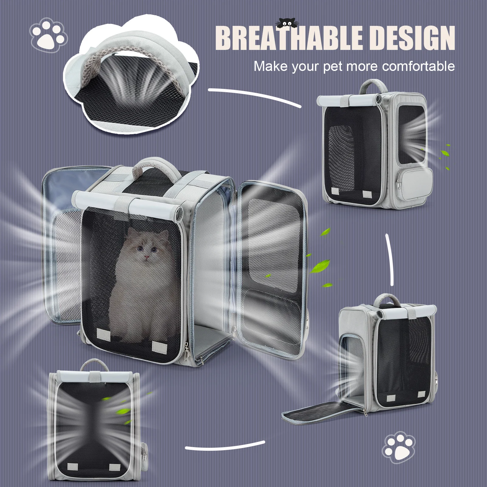 Portable Foldable Pet Backpack, Expandable Cat Backpack, Carrying Backpack for Cat Small Dog Puppies Large Capacity Up to 8kg