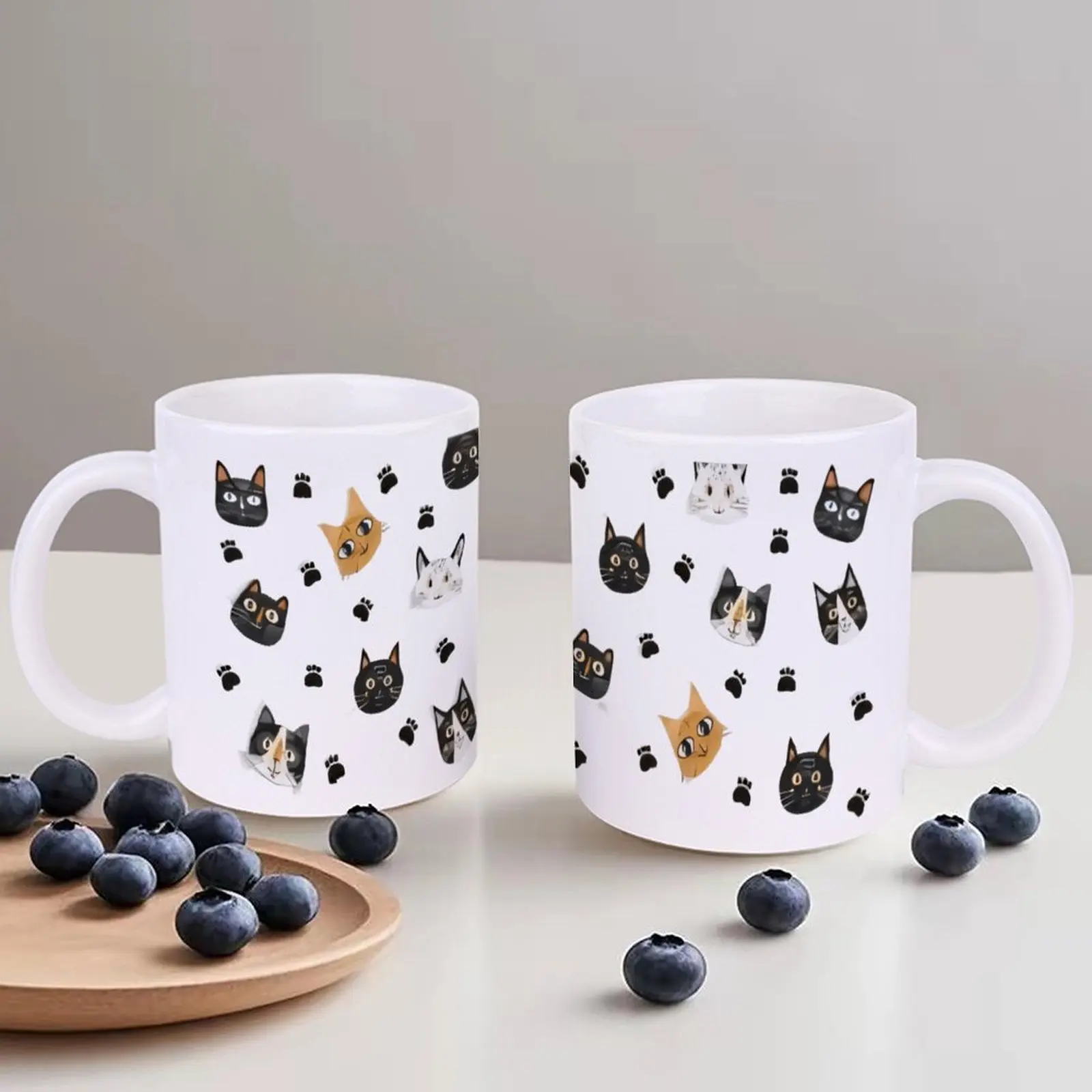 

A White Background With Black And White Cats And Paw Prints Cup, 11oz Water Bottles for Outdoor Activities