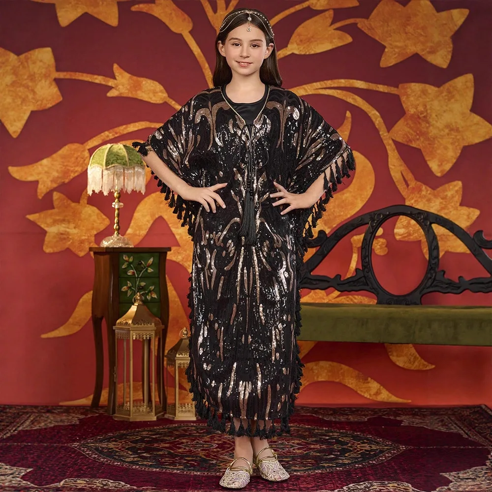 Morocco Muslim Kids Girls Tassels Sequins Inner Dress Out Abaya Robe Ramadan Eid Djellaba Islam Children Clothing Arabic Turkey