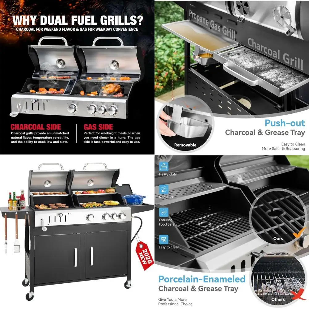 

Гриль-комбо на 3 конфорки (пропан/уголь) с боковой конфоркой и чугунными решетками с фарфоровым эмалевым покрытием, 37 000 BTU, 685 кв. дюймов, двойной