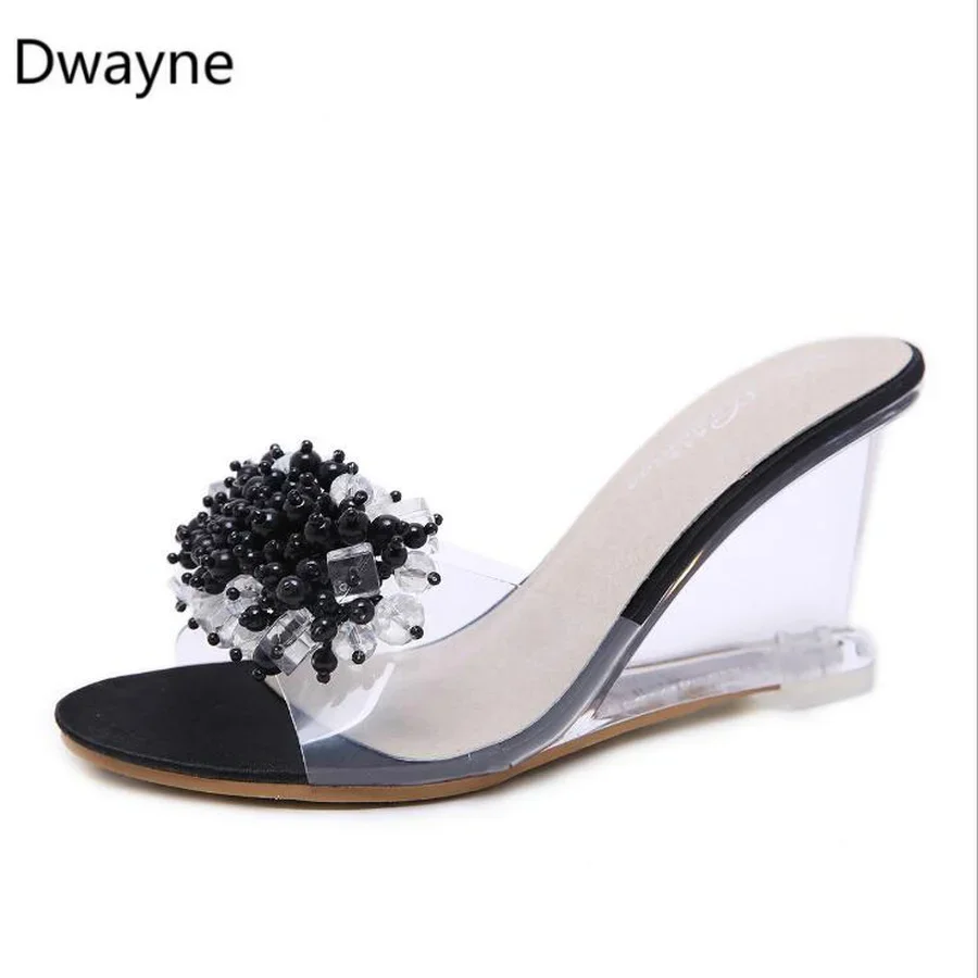 Summer New Wedges Sandals Women Sexy Crystal Transparent High Heels Glass Slippers String Bead PVC Slippers Fashion Shoes 986