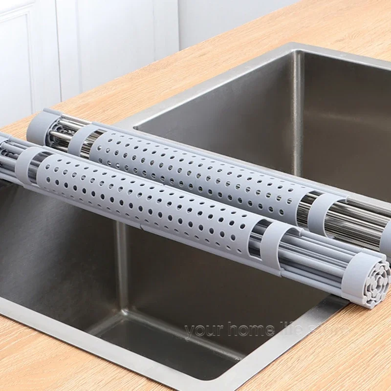 

Kitchen accessories,Roll Up Dish Drying Rack 304 Stainless Foldable Sink Rack Shelf Kitchen Organizer Bowl Plate Drainer Ladle