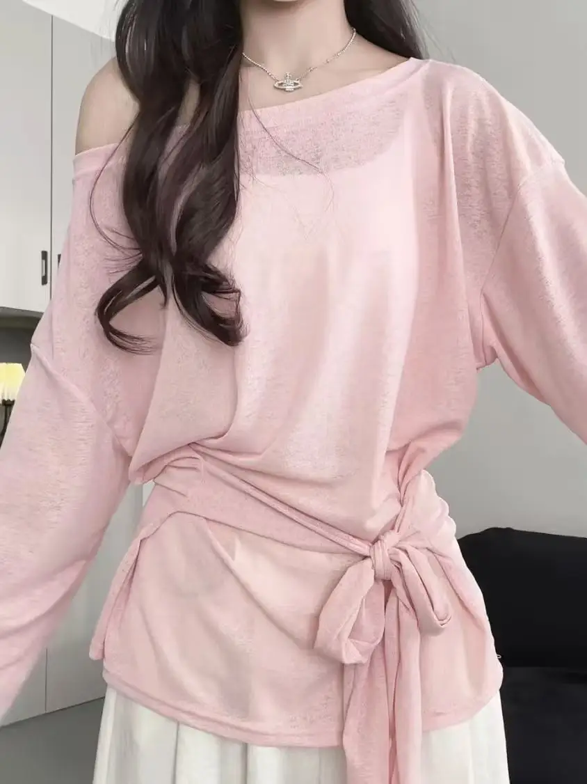Chic Korean Women Oversized Long‑Sleeve T‑Shirt Off‑Shoulder See‑Through Mesh Top Back Bandage Decor Casual Loose Blouse Tees