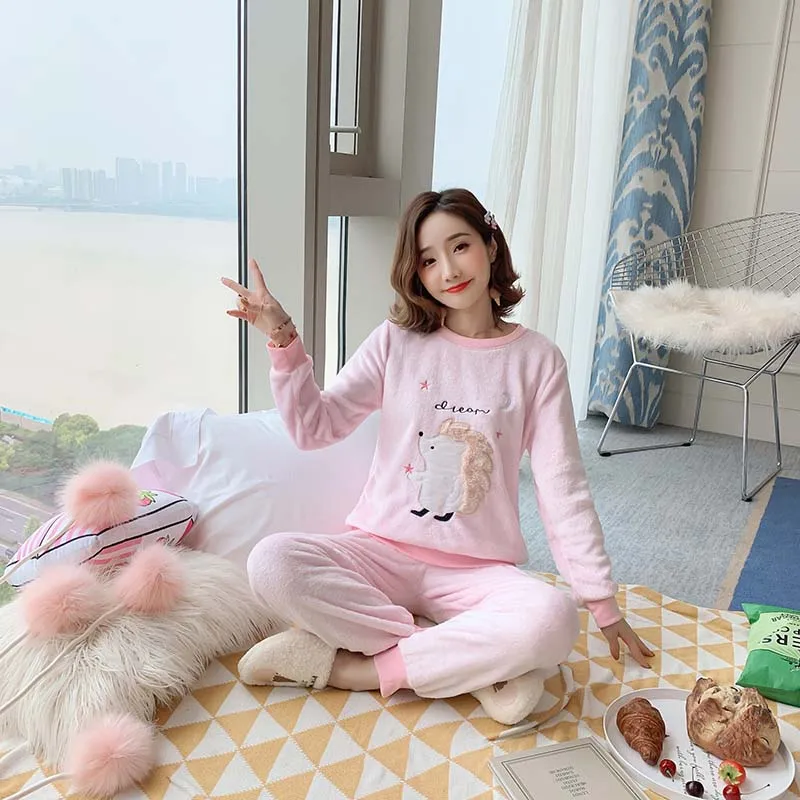 Autumn Winter Warm Flannel Women Pyjamas Sets Thick Coral Velvet Long Sleeve Sleepwear Cute Flannel Pajamas Set Home Cloth Girl