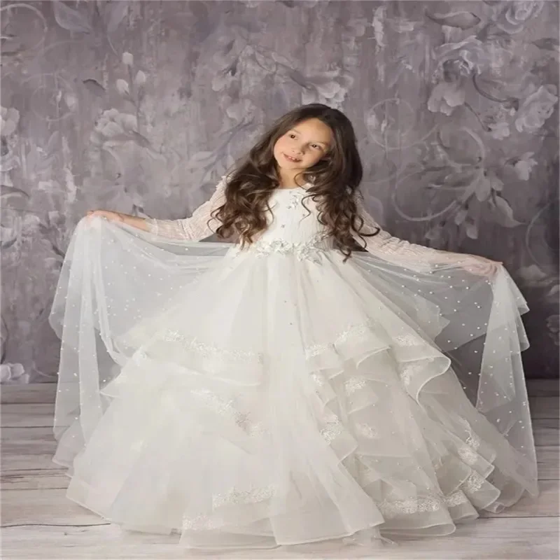 

Ivory Fluffy Flower Girl Dress Tulle Lace Decal Full Sleeve Wedding Elegant Flower Children First Communion Gathering Dress