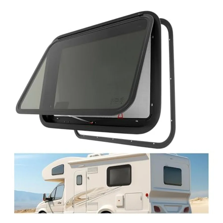 

30W X 22H RV Exit Window with Removable Screen Trim Ring for Trailer Camper Van Truck Aluminum Frame Silver Finish Emergency Es