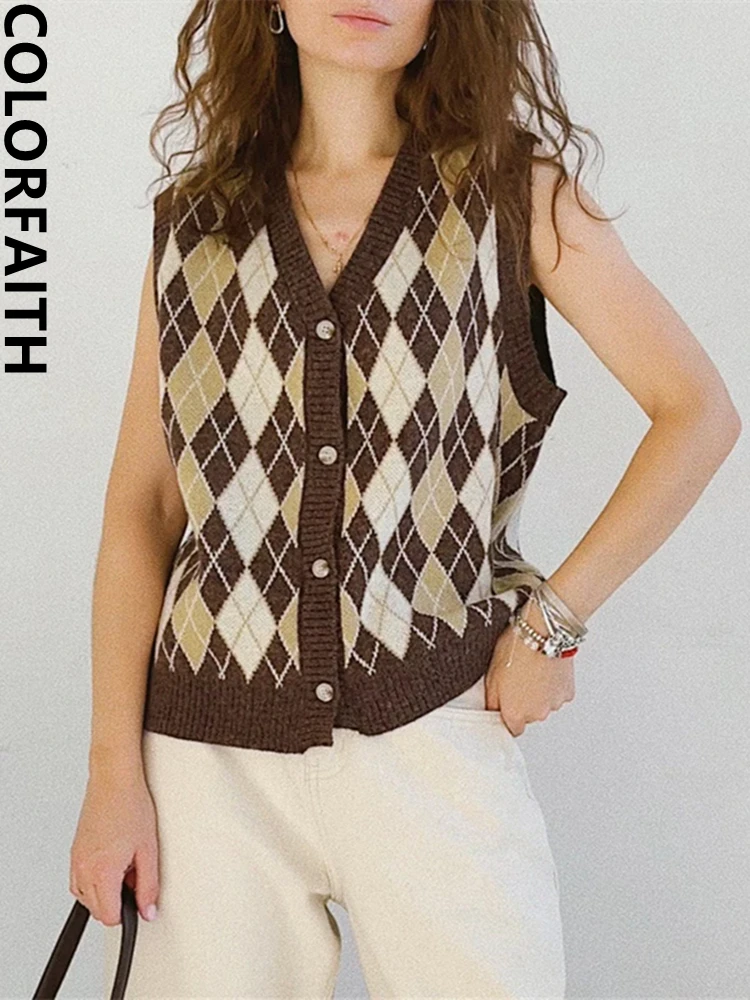 

Colorfaith 2022 New Sleeveless Checkered Waistcoat Spring Autumn Women Sweaters Vintage Korean Fashion Vest Lady Tops SWV1388JX