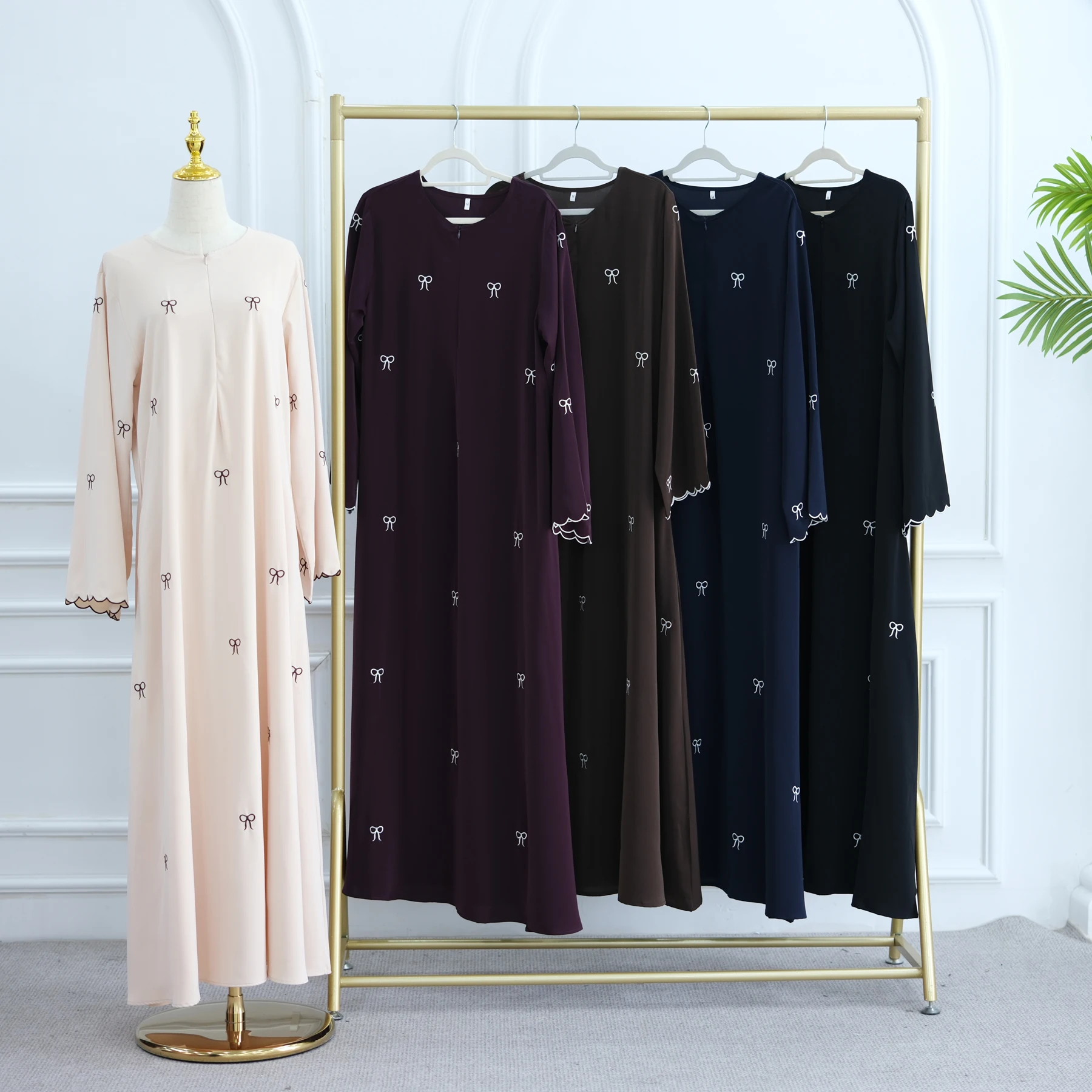 

Sweet Abaya Bows Embroidery Nida Closed Abayas Muslim Women Long Dress Dubai Turkey Kaftan Hijab Robe Islamic Clothing