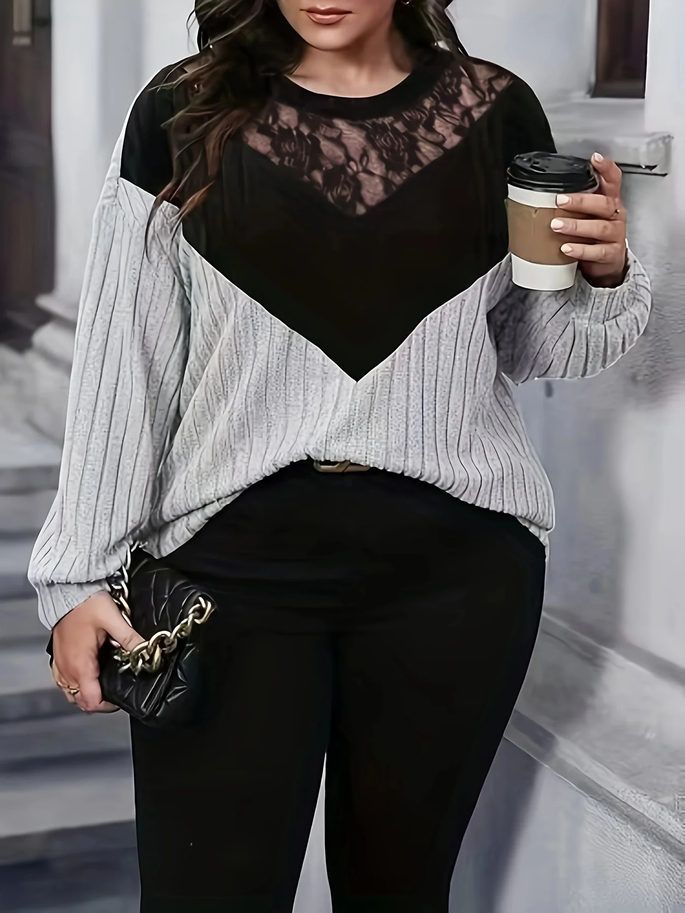 بلوزة نسائية مرقعة من الدانتيل بمقاس كبير، بلوزة كاجوال برقبة دائرية وأكمام طويلة، ملابس نسائية بمقاسات كبيرة